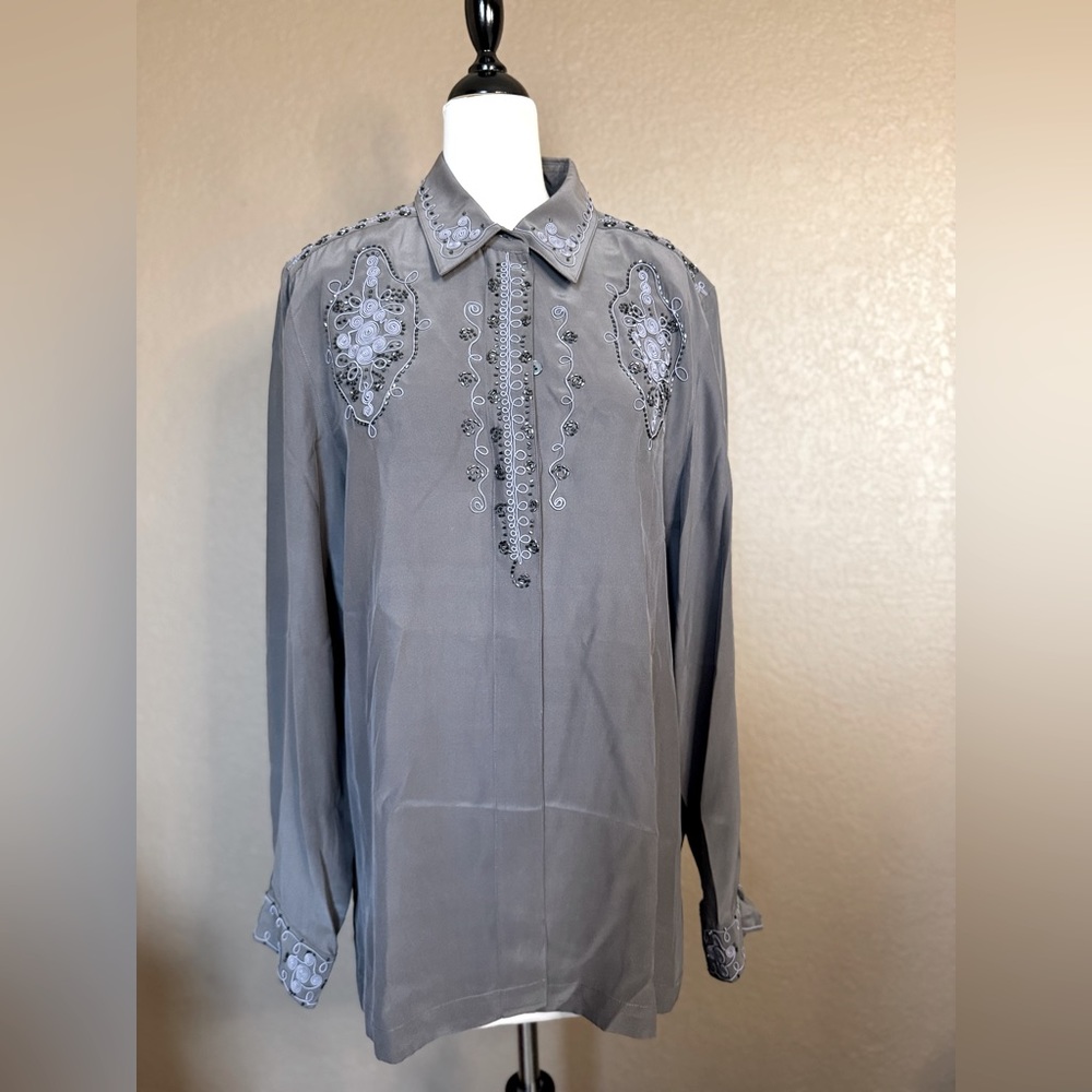 Vintage Blue Ice & Co Beaded Silk Blouse
